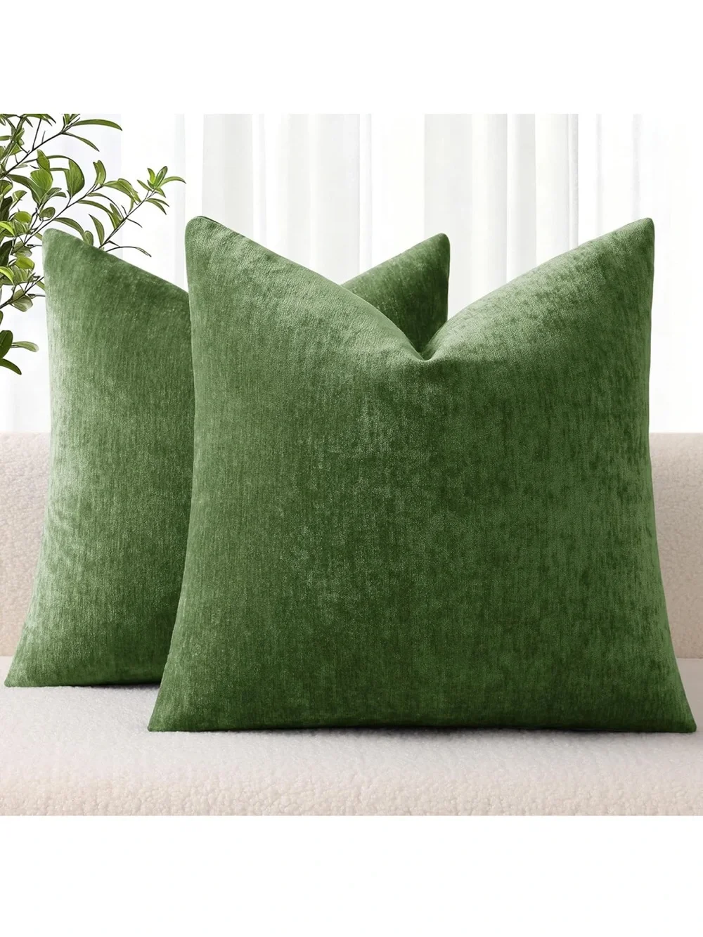 Chenille Moss Green Throw Pillow Covers 24x24 Inch Set Of 2, 1779/bb8s-1